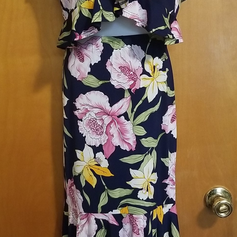 NWT Harmony In Nature 2pc Floral Crop Top High-Low Midi Skirt Set Navy Blue L - Picture 5 of 12